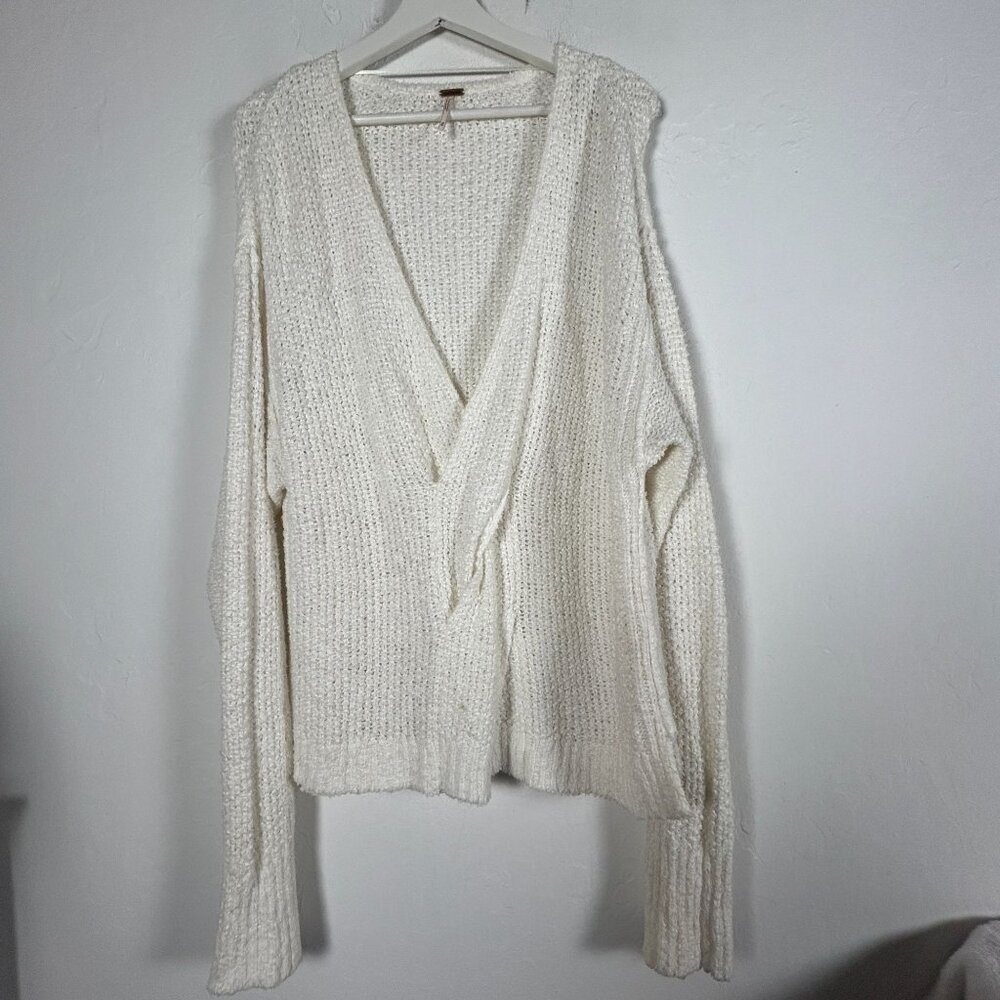 Free People Womens Coco V-Neck Sweater Pullover Size Medium White Knit Textured